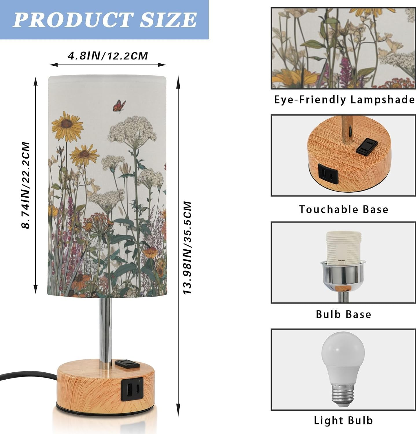 Dimmable Vintage Farmhouse Wildflowers Table Lamp with 2 USB C Charging Ports & AC Outlet, Touch Lamps for Nightstand Bedside Small Lamp Night Stand Side Light for Bedroom/Desk, 14 in