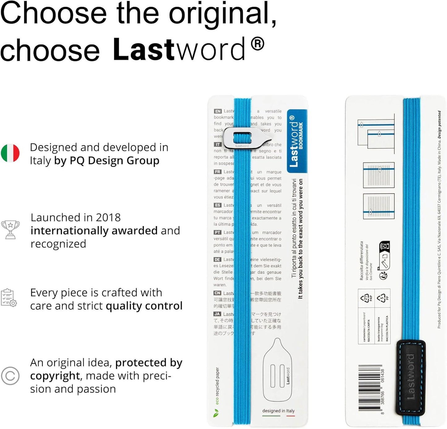 Lastword Elastic Bookmark Perfect for Any Book - Book Markers with Line Pointer Design Made in Italy - Blue