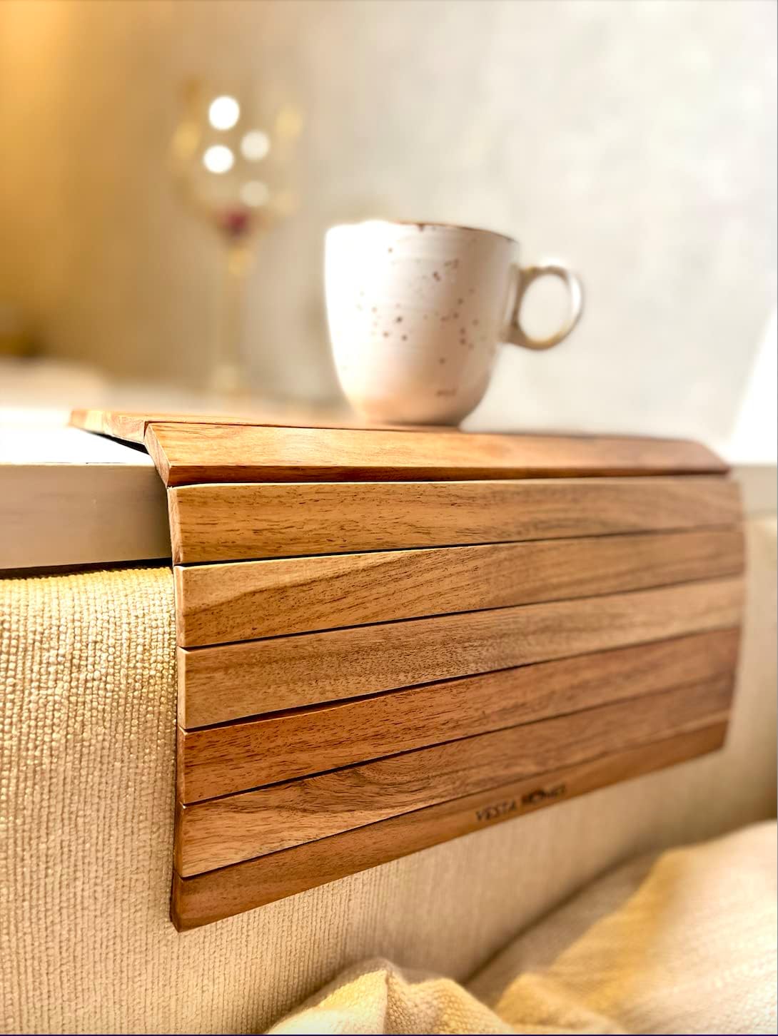 Vesta Homes Sofa Armrest Tray |Premium Acacia Wood | Flexible and Foldable Sofa Tray, Couch Arm Table and Armrest |Suitable for Food/Drinks/Snacks/Cup Coaster | 17 * 11 Inches | Handcrafted in India