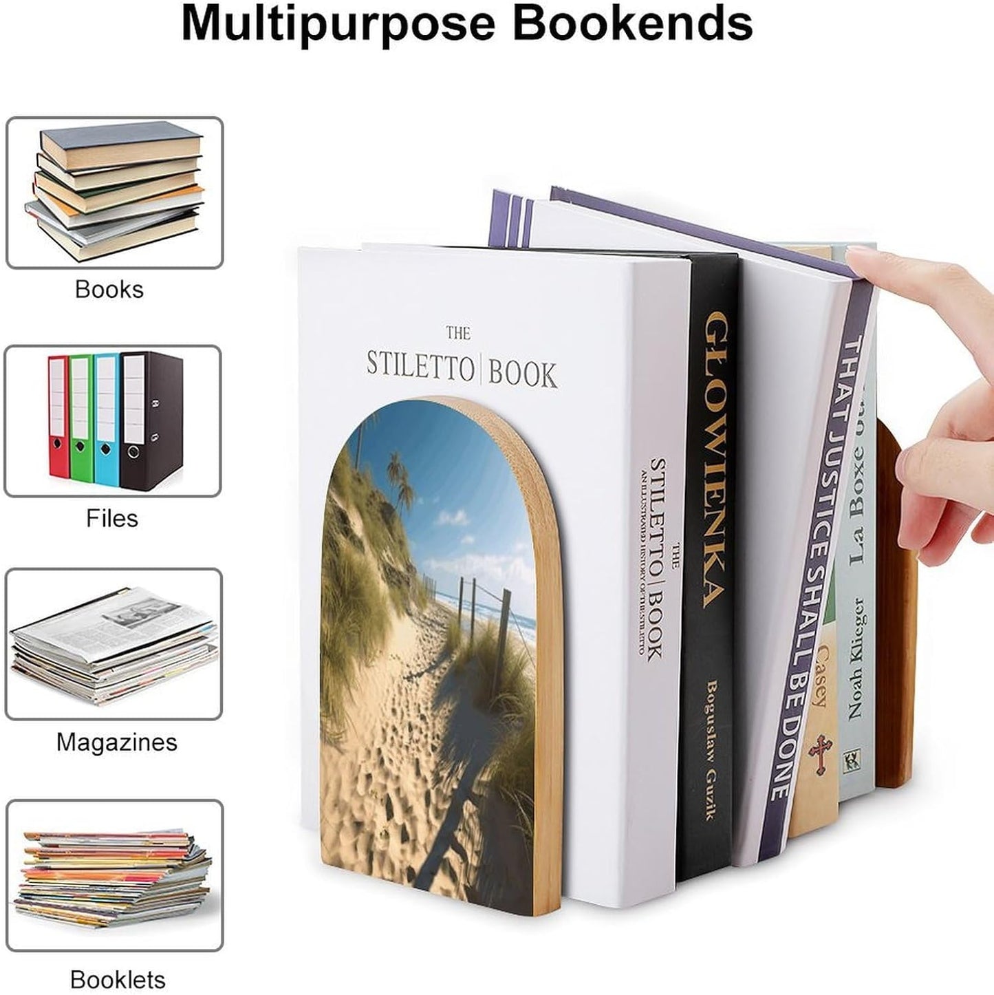 Beach Themed Bookend for Shelves Wooden Book End Large Size Sturdy Book Holders Stoppers with Metal Base for Bookshelves Slick Decorative Bookends Stands