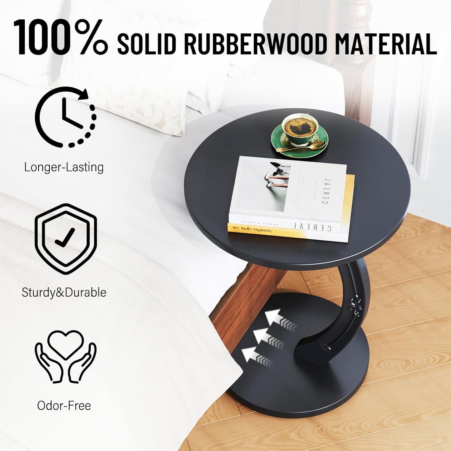 Uniclinens C-Shaped Solid Wood Round End Table - Side Table for Couch, Sofa Tables Slide Under Couch for Living Room, Small Nightstand for Small Space, Black