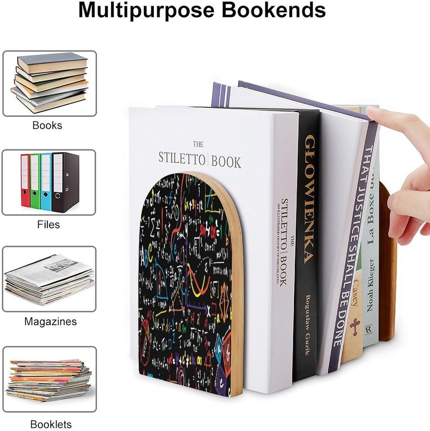 Mathematics and Physics Wooden Bookend Non-Slip Book Ends Heavy Duty Book Stopper with Metal Base Books Holderd Decorative Bookends Stands Firmly for Office Supplies