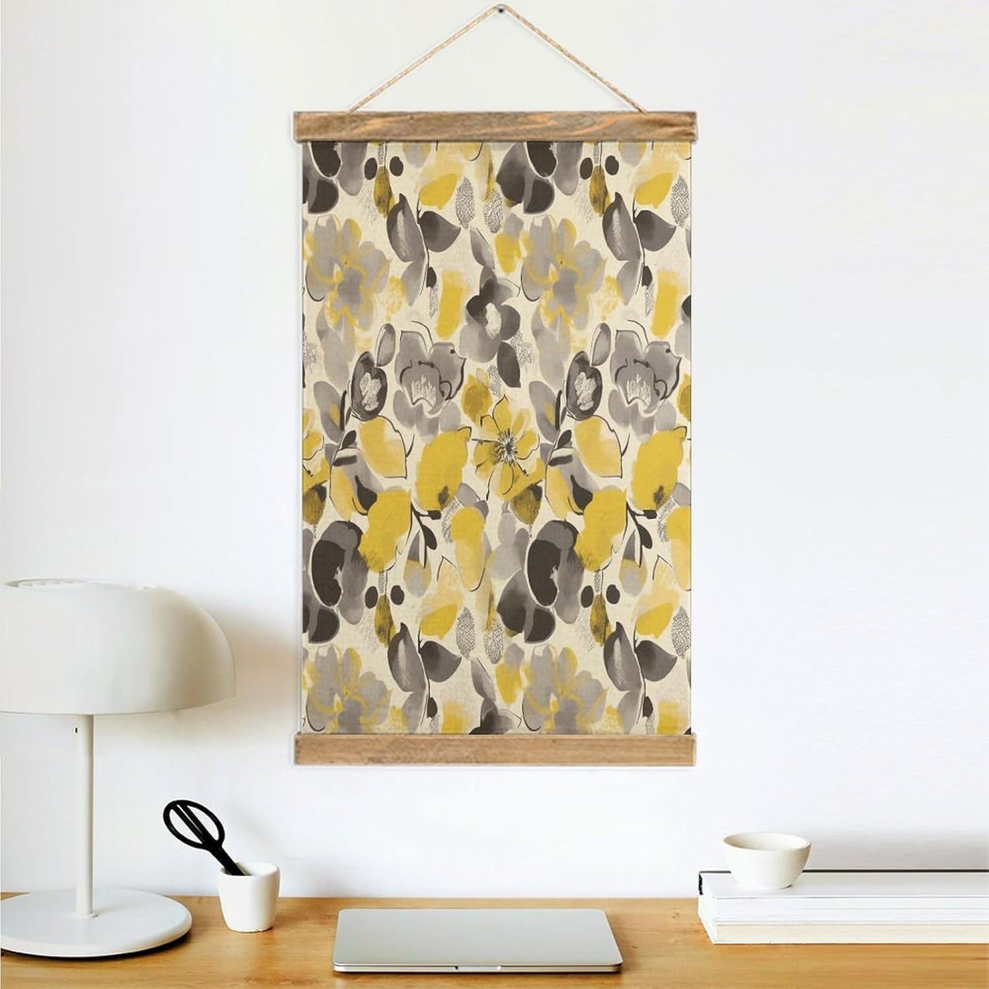 Vintage Yellow Gray Flower Poster with Wooden Frame Personalized Linen Hanging Scroll Painting Rustic Wall Hanging Illustrative Modern Artwork Decor for Home Living Room Bedroom Office