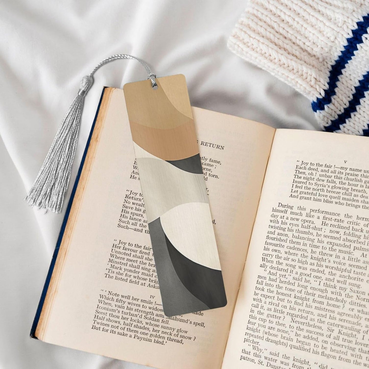 Geometric Waves Bookmarks Gifts for Women Men, Wooden Bookmarks for Book Lovers, Vintage Book Marks Ornaments with Tassel, Unique Personalized Reading Page Markers Gray