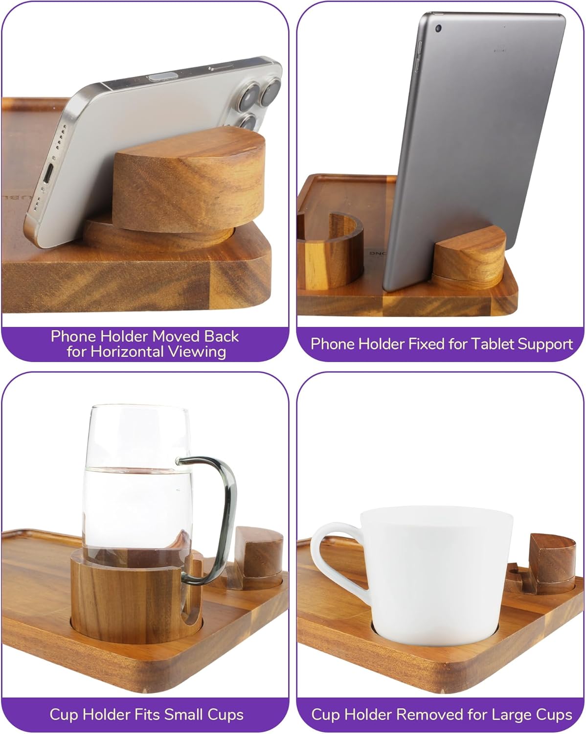 Couch Arm Tray Table with Cup Holder & Adjustable Phone Stand – Foldable Acacia Wood Sofa Arm Clip Table for Wide Couches, Recliners, and Living Room Use