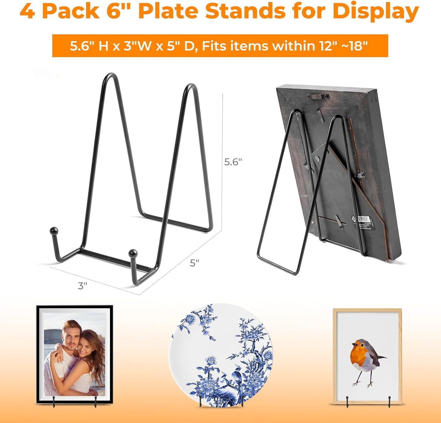 Bilillo Plate Stands for Display - 6 Inch Stand + Metal Frame Holders Stand Picture, Decorative Plate, Platter, Book, Photo Easel, Tabletop Art (2 Pack)