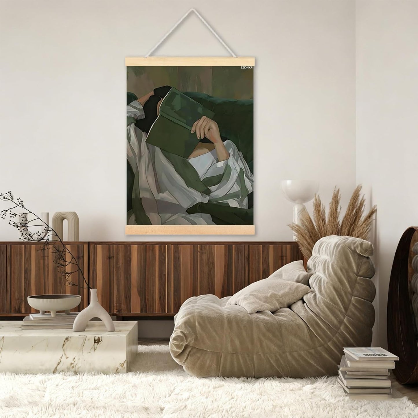 Abstract Green Feminism Wall Art Striped Portrait Aesthetic Posters Retro Reading Woman Print Decor for Home Room Wall Decor Framed 24x36Inch