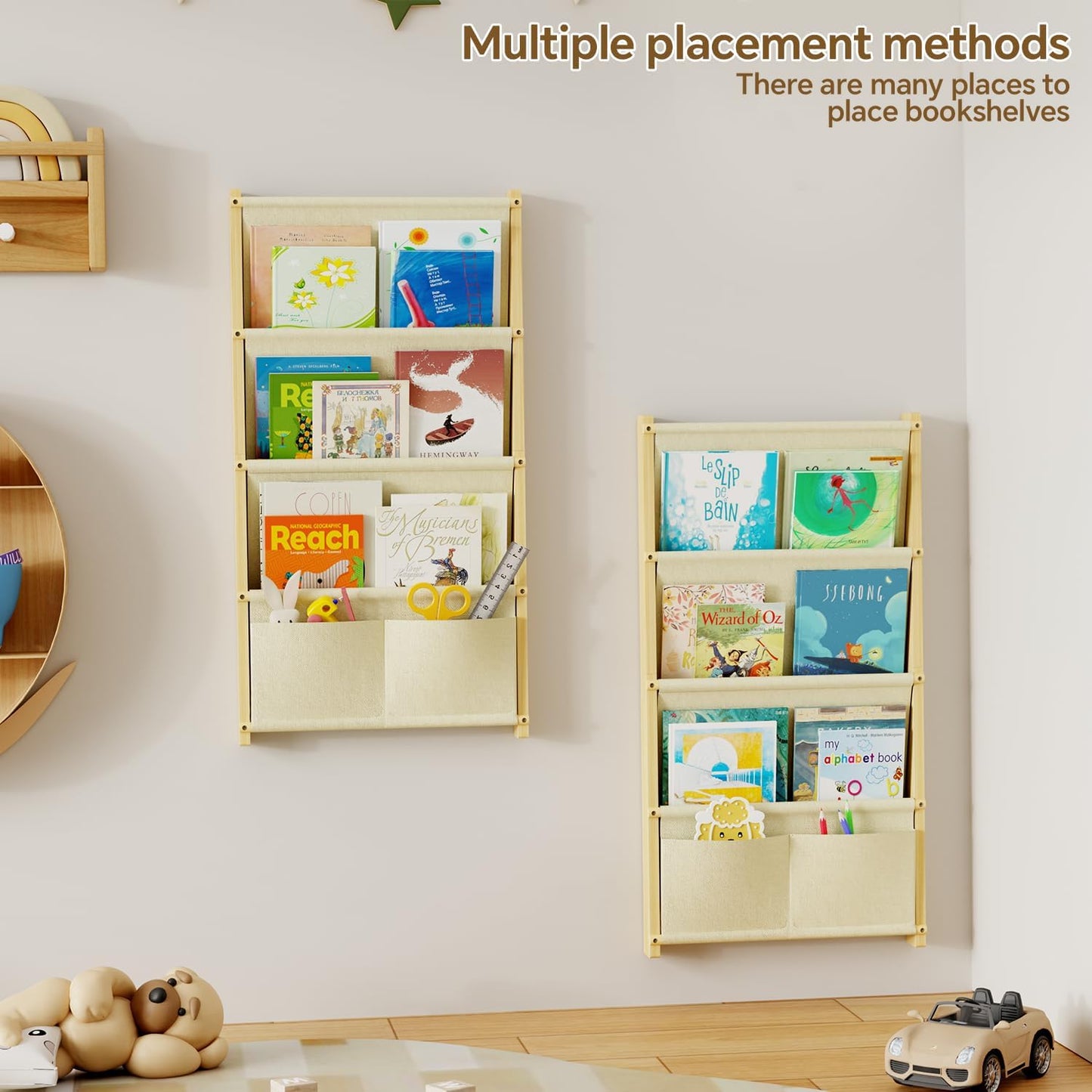 Wood 4-Tier Wall Mounted Kids Bookshelf – Floating Book Shelf For Kids Rooms,Nursery & Classroom, Hanging Bookcase Organizer For Books, Toddler Book Shelf, Montessori Bookshelf, Nursery Shelves