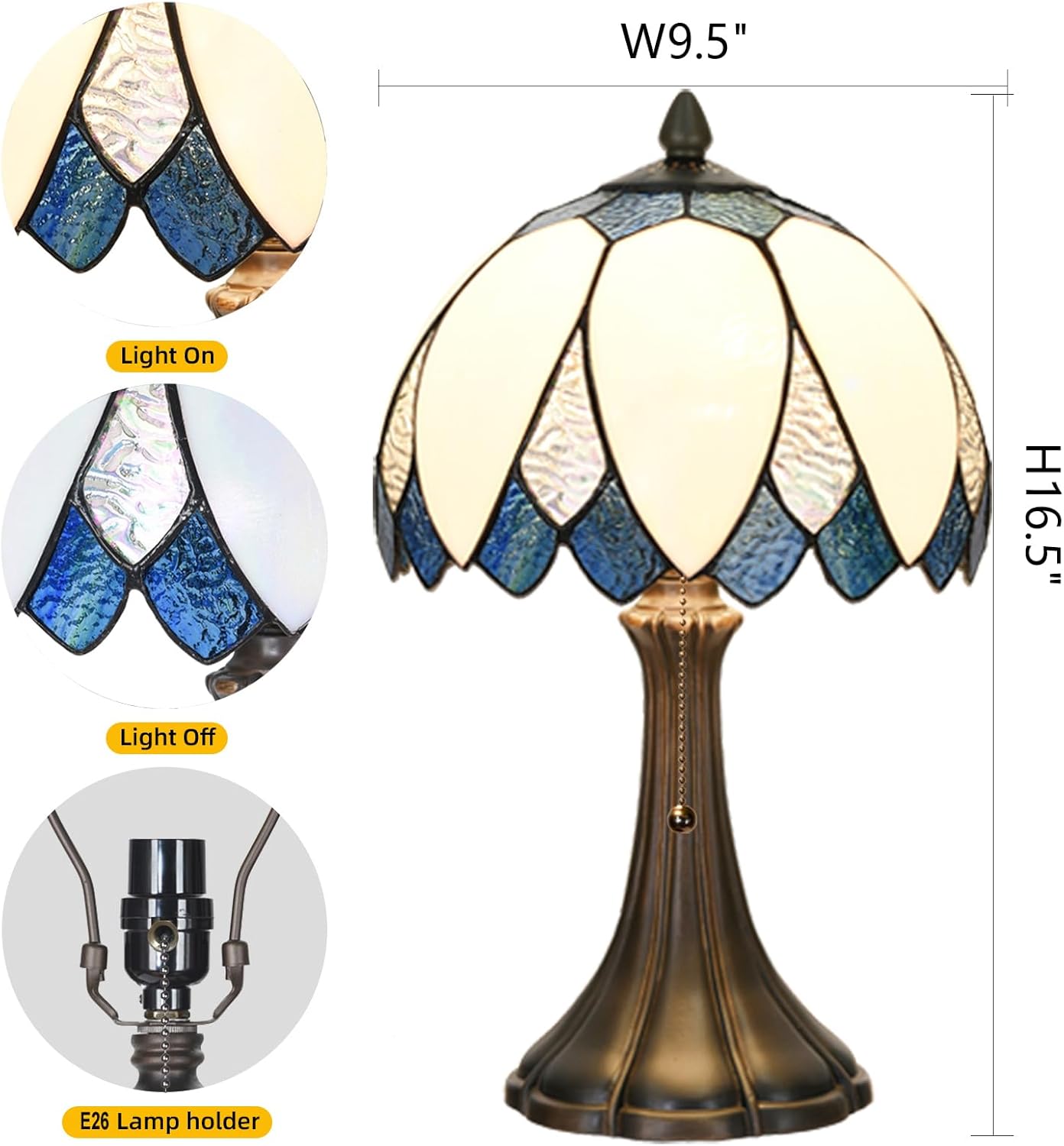 TL0014 Blue & White LotusTiffany Table Lamp Stained Glass Bedside Lamp Bending Glass Reading Desk Light 9.5 X 16.5 Inches for Bedroom Living Room Home Office (Blue &White)