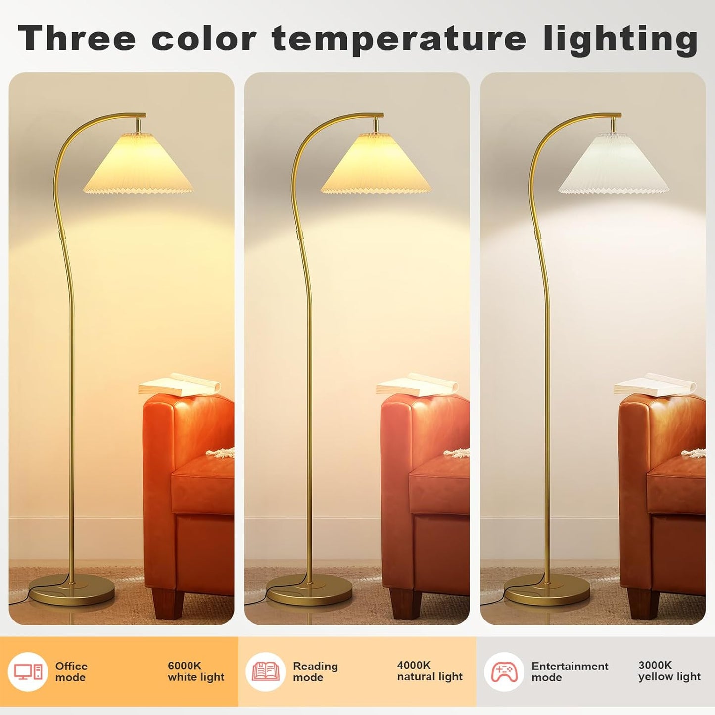 Unique Arc Floor Lamp, Bright 12W Three-Color Dimming, 14-inch Pleated Lampshade, Brass Gold Light Pole, Living Room Corner Bedroom Bedside Office Standing Reading Lamp, Modern Home Decor Tall Light
