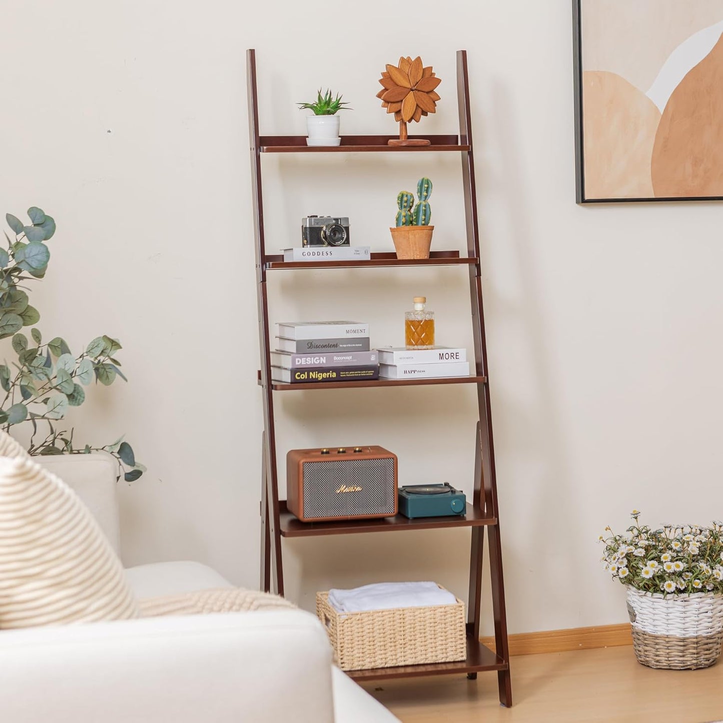 DOUSY-5-Tier Ladder Shelf Bookcase, Bamboo Ladder Bookshelf Leaning Book Shelf, Freestanding Storage Shelf Boho for Living Room, Home Office, Bedroom, Balcony, Walnut