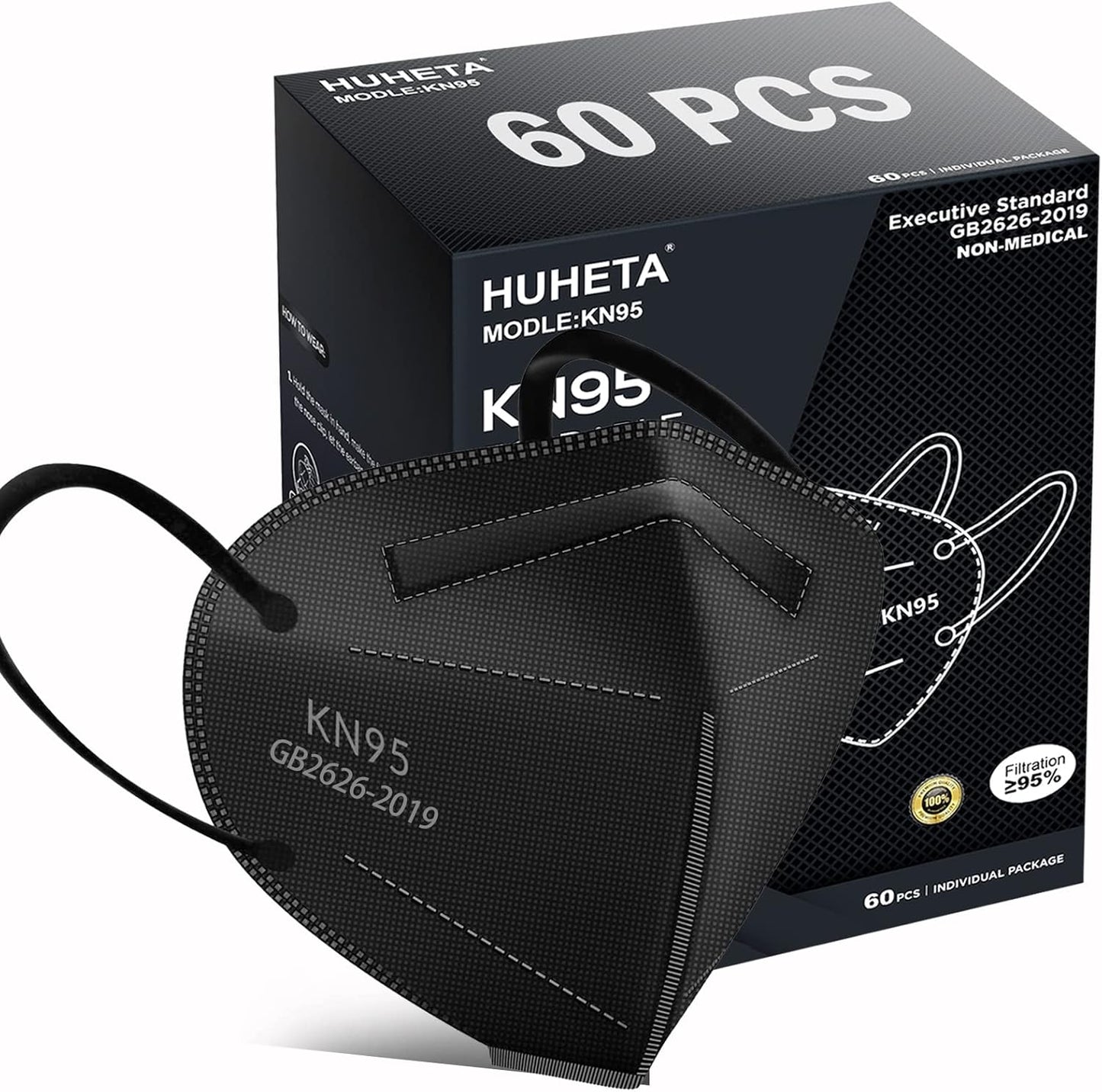 HUHETA KN95 Face Mask 60 PCs, 5-Ply Safety Masks for Men & Women, Filter Efficiency>=95% (Black Mask)