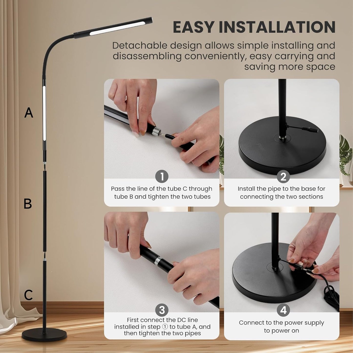 LED Floor Lamp for Living Room, Dimmable Standing Lamp with Remote Control, Stepless Dimming, Adjustable Color Temperature 3000K-5700K, with Adjustable Gooseneck, for Sturdy, Work, Reading