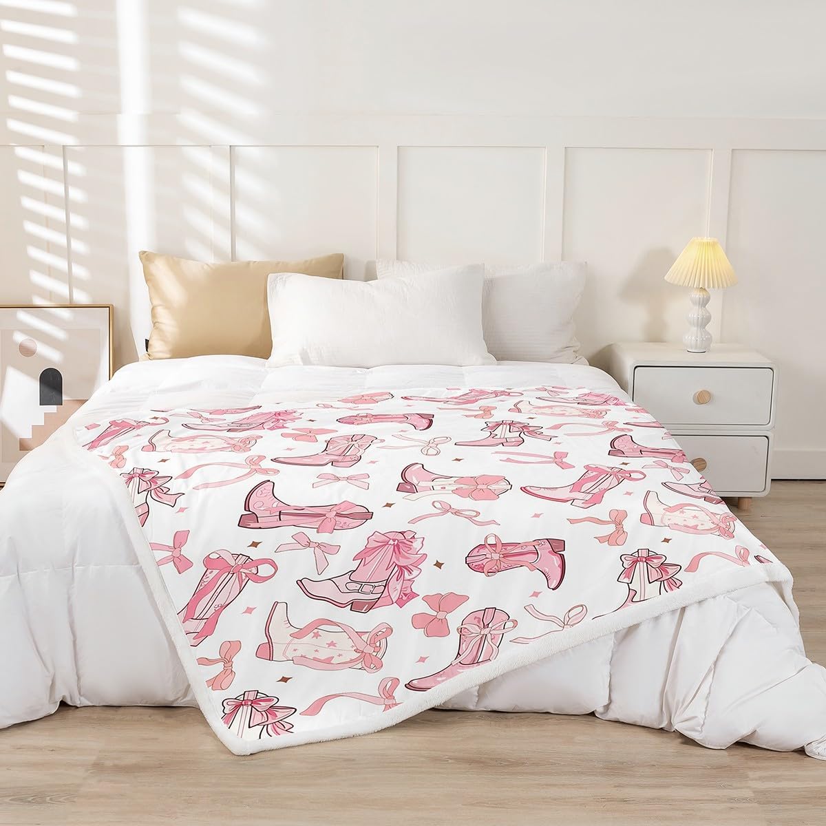 Cowgirl Throw Blanket,Western Cowboy Boots Pink Bowknots Fleece Blanket for Bedroom Dreamy Fairy Tale Princess Starry Pink White Soft Blanket for All Seasons,Baby (30 x 40 Inches)