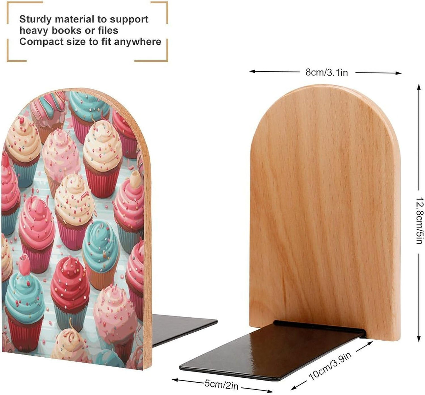 Colorful Sweet Lollipop Cupcake Donut Bookends 1 Pair Heavy Duty Book Ends for Shelves Non-Skid Bookend Supports Wooden Book Holders with Metal Base Desk Organizers Books Storage to Hold Books