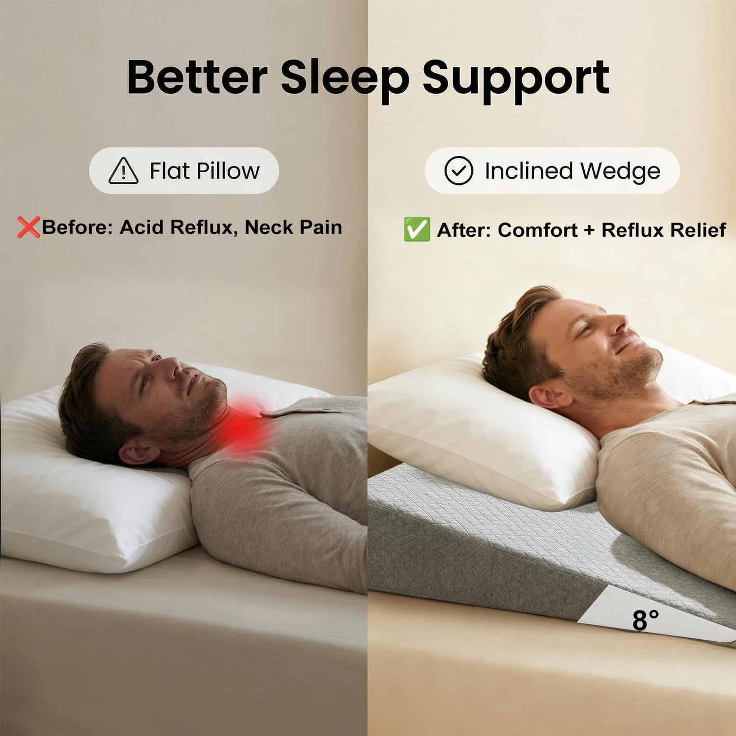 Queen Size Wedge Pillow for Sleeping - 4 Inch Bed Wedge Pillow for Acid Reflux, GERD, Sleep Apnea & Snoring Relief - High Density Foam Mattress Elevator for Back Pain, Post Surgery Recovery - Grey