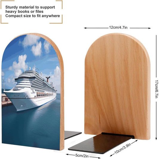 Non-Slip Bookend for Shelves Cruise Ships Wooden Bookends with Metal Base Decorative Book Stopper for Home Heavy Duty Wood Book Storage for Books/CDs