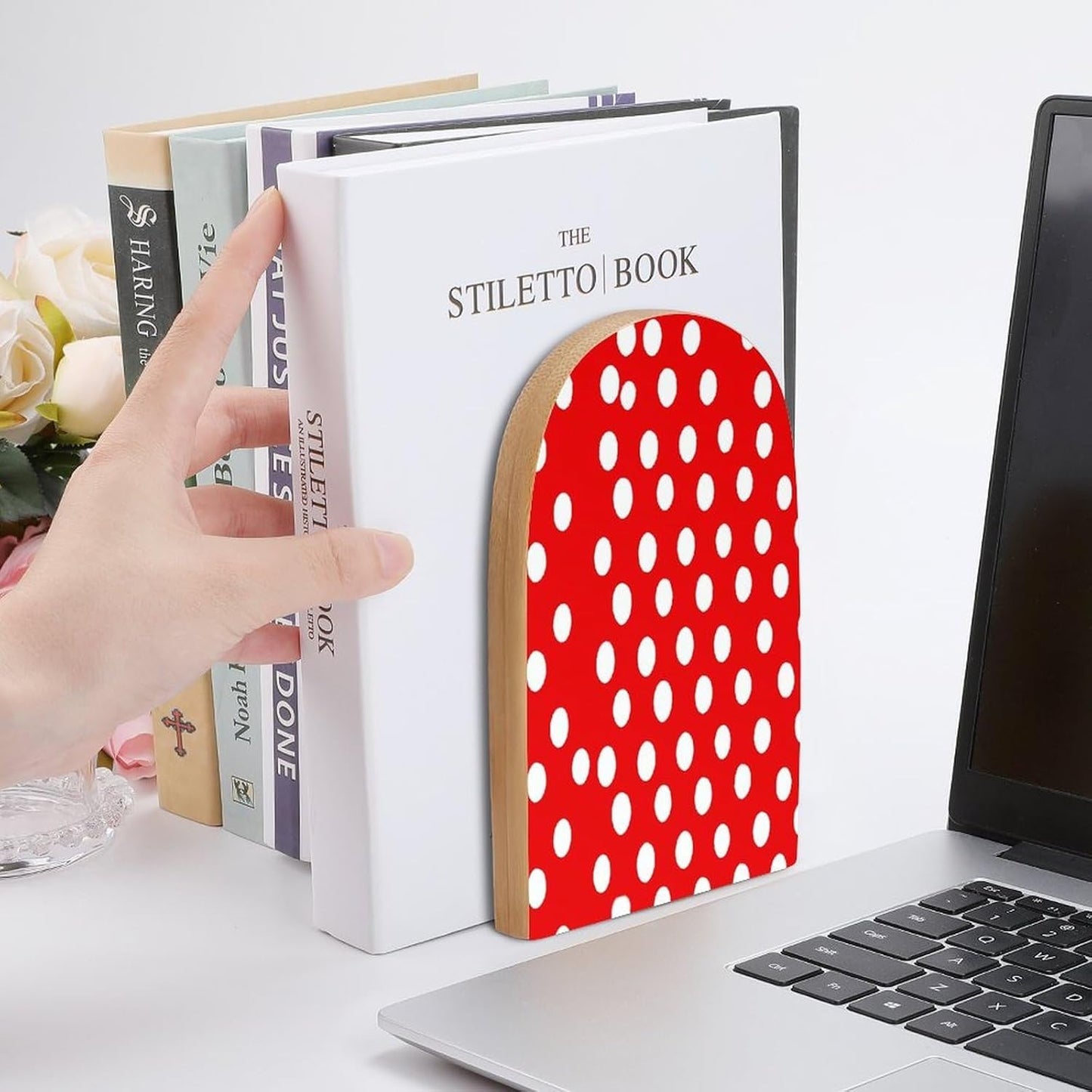Non-Slip Bookend for Shelves Red and White Polka Dots Wooden Bookends with Metal Base Decorative Book Stopper for Home Heavy Duty Wood Book Storage for Books/CDs