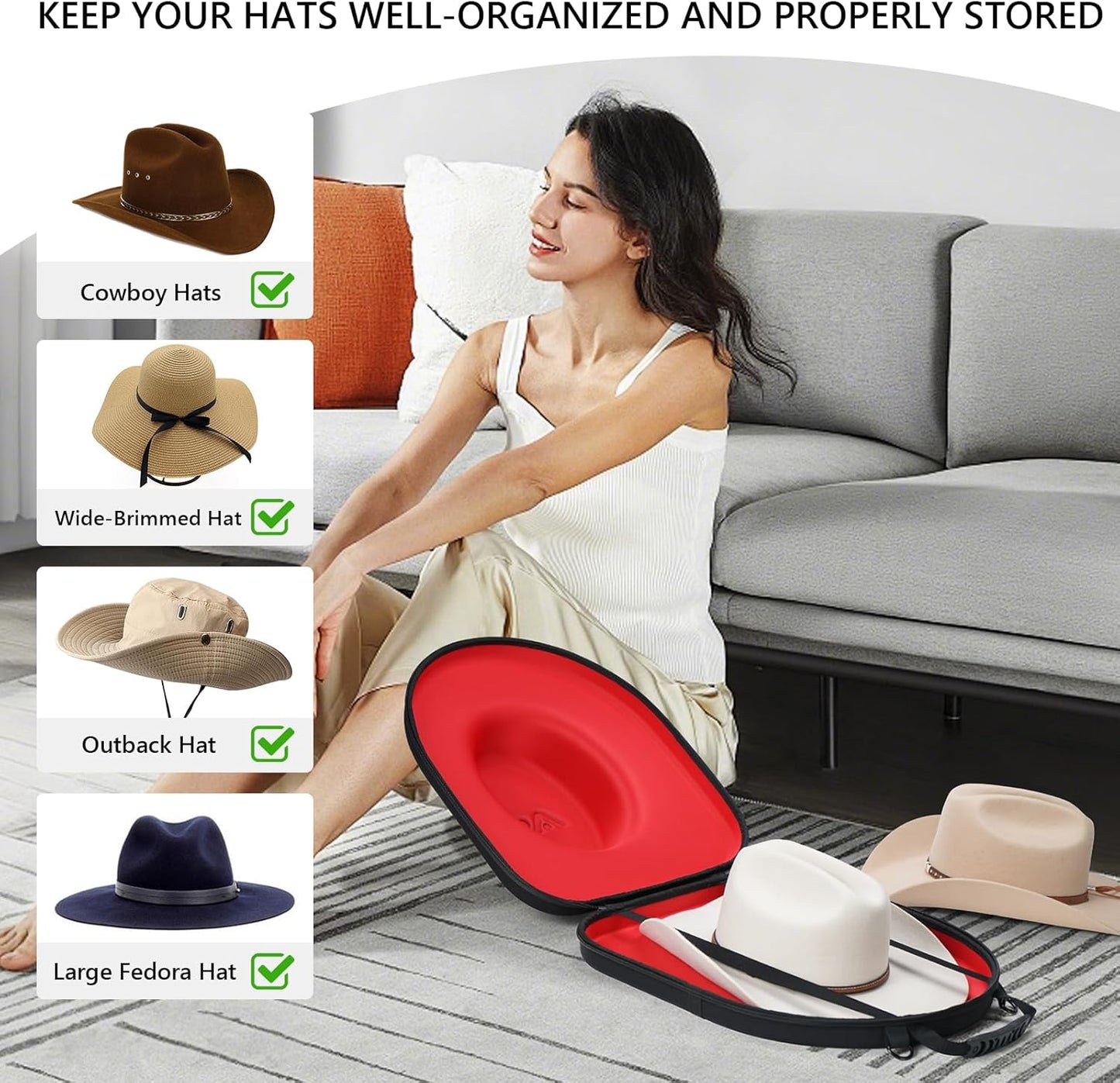 Cowboy Hat Box for Travel-Crush Proof Hat Travel Case for Cowboy Hats Holder Storage Box Organizer Cap Carrier with Adjustable Carry Strap