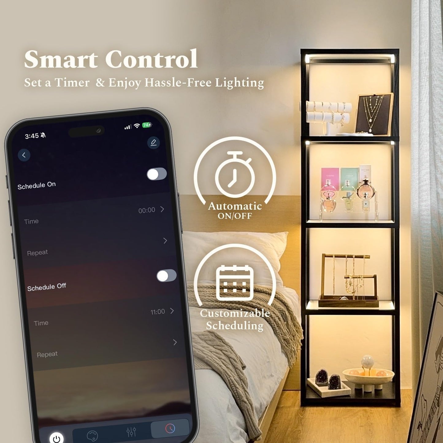 Glass Display Shelf with Remote/APP Control, Curio Cabinet for Collectibles with Light, Modern Shelf Floor Lamp with Adjustable Color Temps for Living Room, Bedroom
