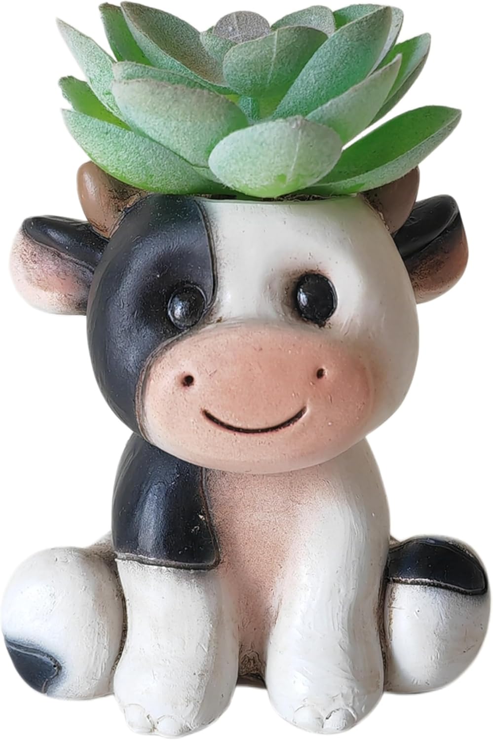Succulents Plants Artificial, Mini Fake Succulents in Resin Cartoon Animal Dairy Cow Pot for Desk Livingroom Home Decoration Office Decor