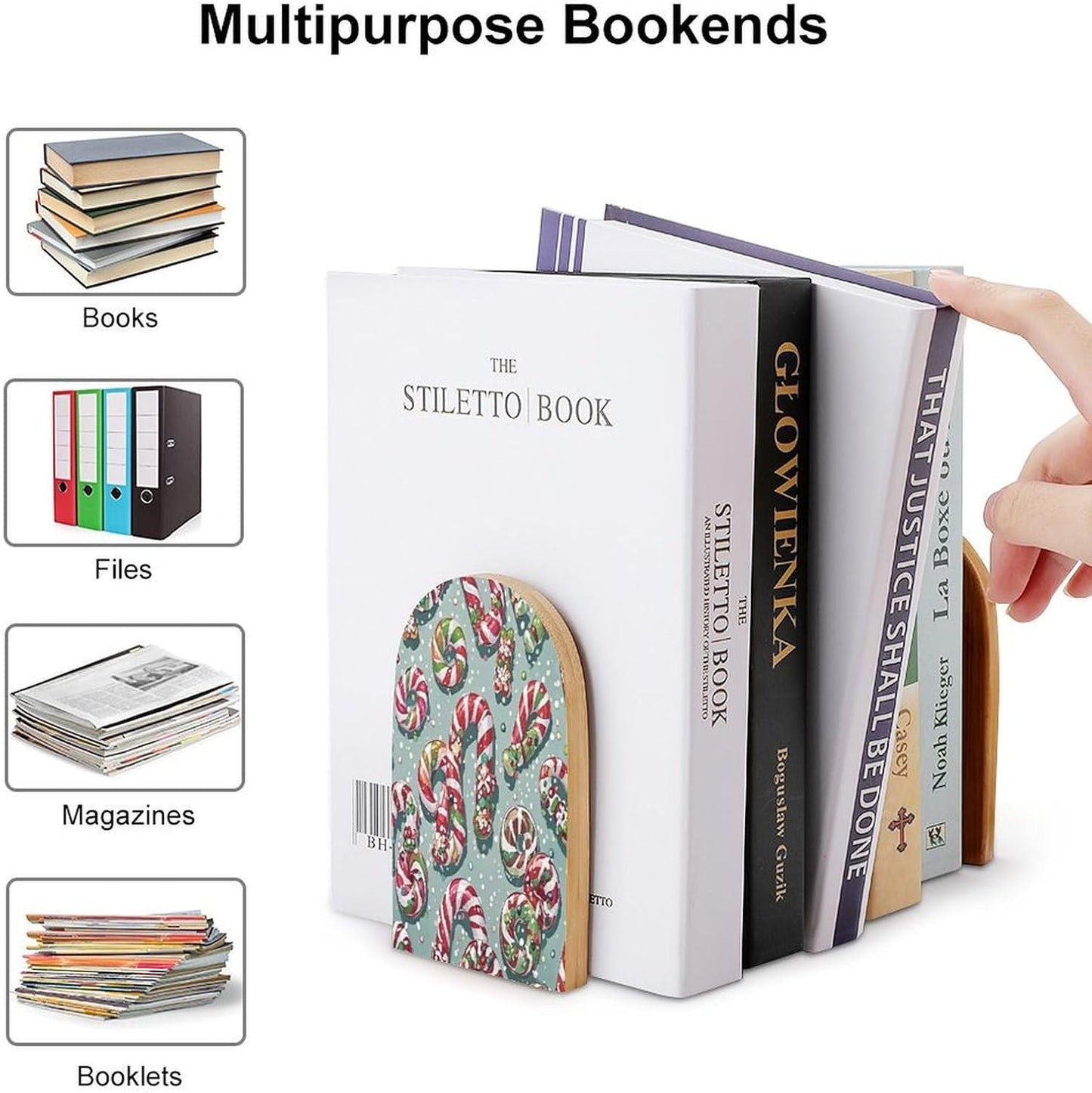 Christmas Candies Bookends 1 Pair Heavy Duty Book Ends for Shelves Non-Skid Bookend Supports Wooden Book Holders with Metal Base Desk Organizers Books Storage to Hold Books