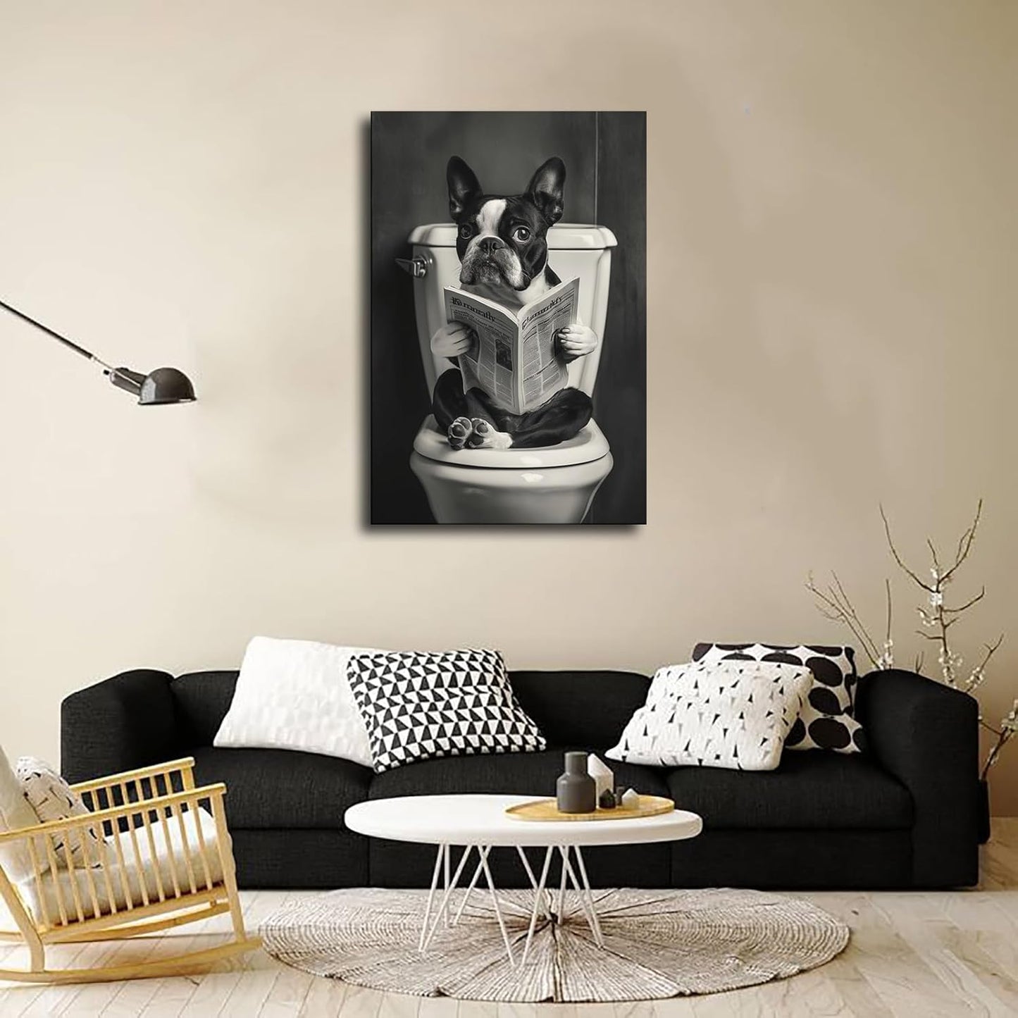 Boston Terrier Sitting on Toilet Reading Newspaper Funny Animal Dog Print Poster Picture HD Print Poster Retro Painted Modern Home Bedroom Room Aesthetic Decoration Canvas Art (20x30inch Framed)