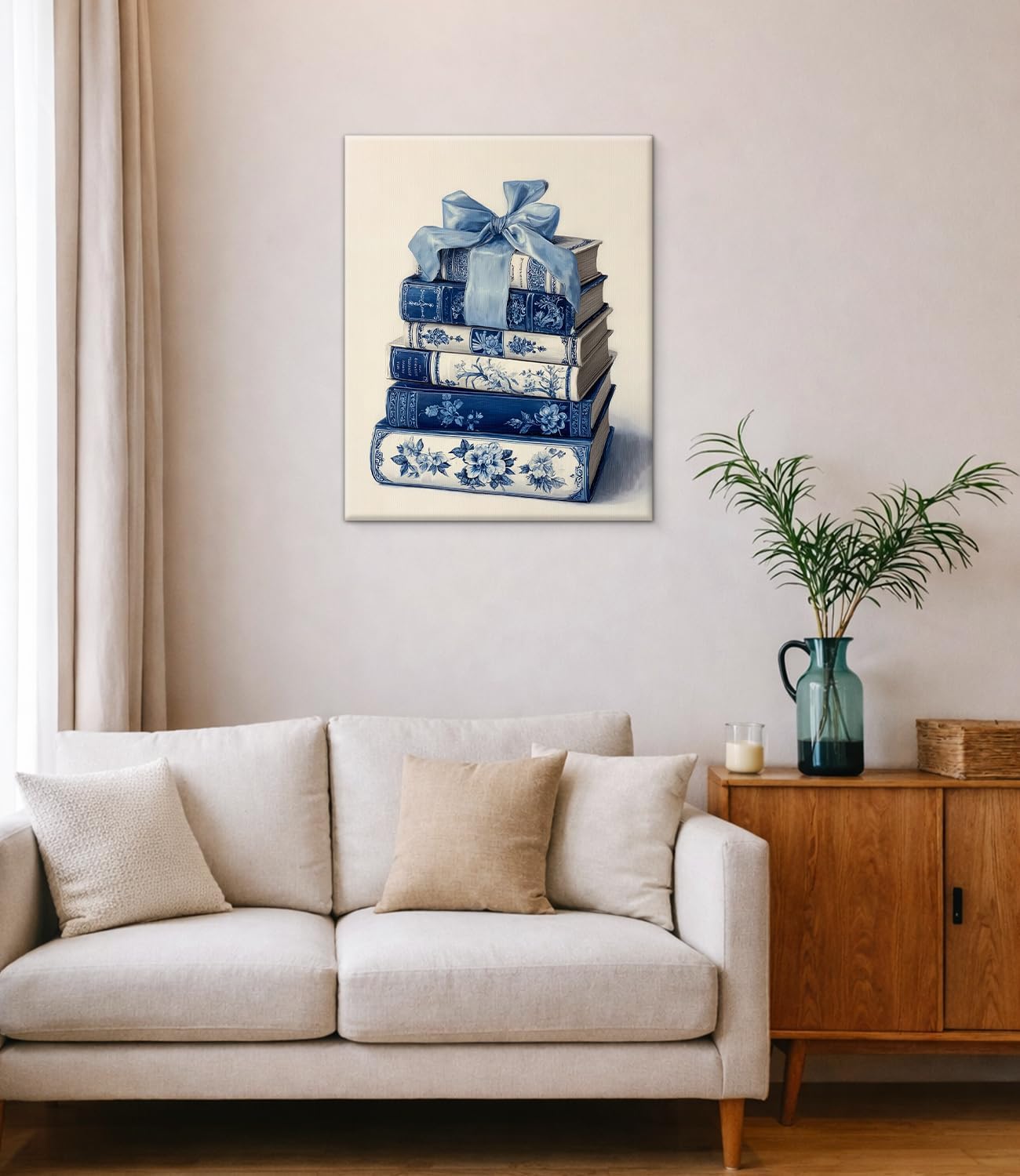 Vintage Blue Bow Books Wall Art Print - Coquette Bookish Canvas Poster Painting - Book Lover Gifts Blue Wall Decor for Home Reading Nook Library 8x10 Inch Framed