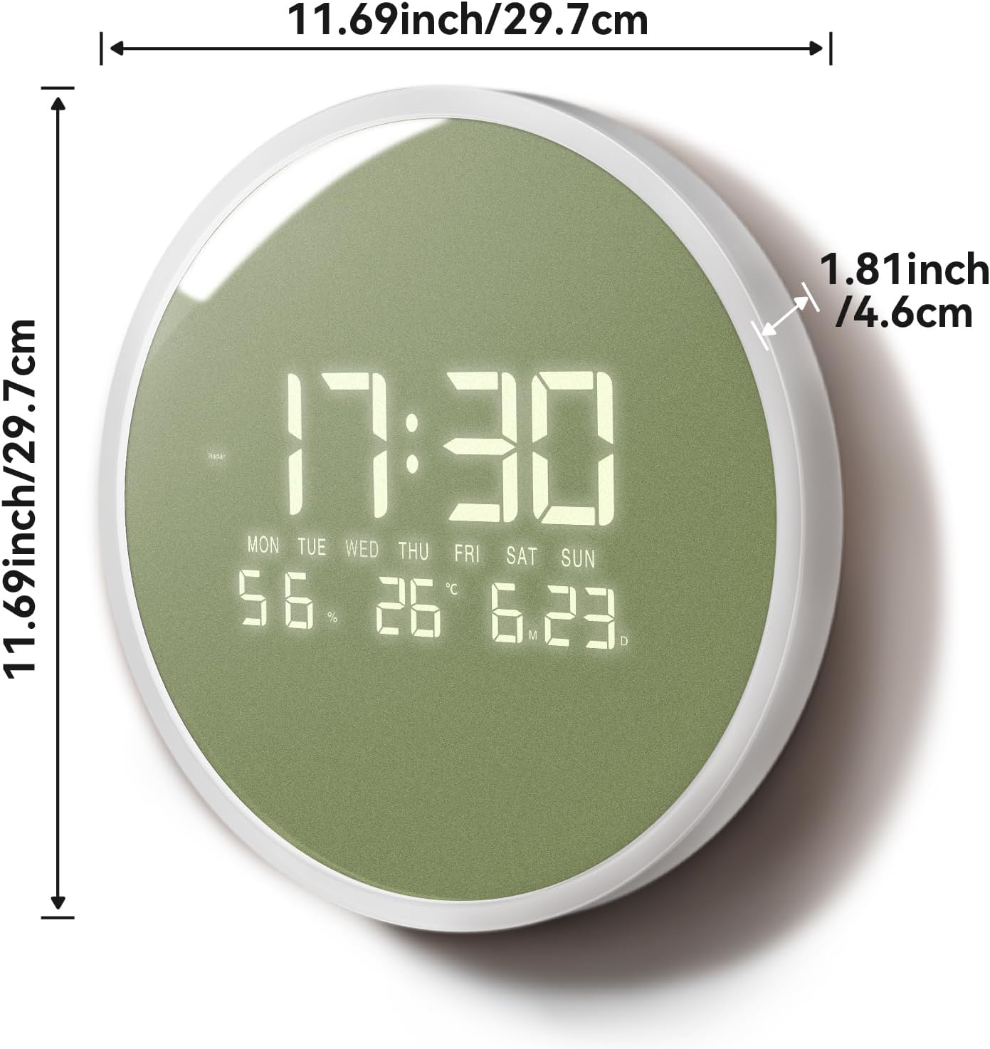 LED Digital Wall Clock with Temperature Humidity Display Auto Light Sensor 12/24H Format Large Number Calendar Modern Decorative 12-Inch Round Clocks for Living Room Bedroom Office Kitchen