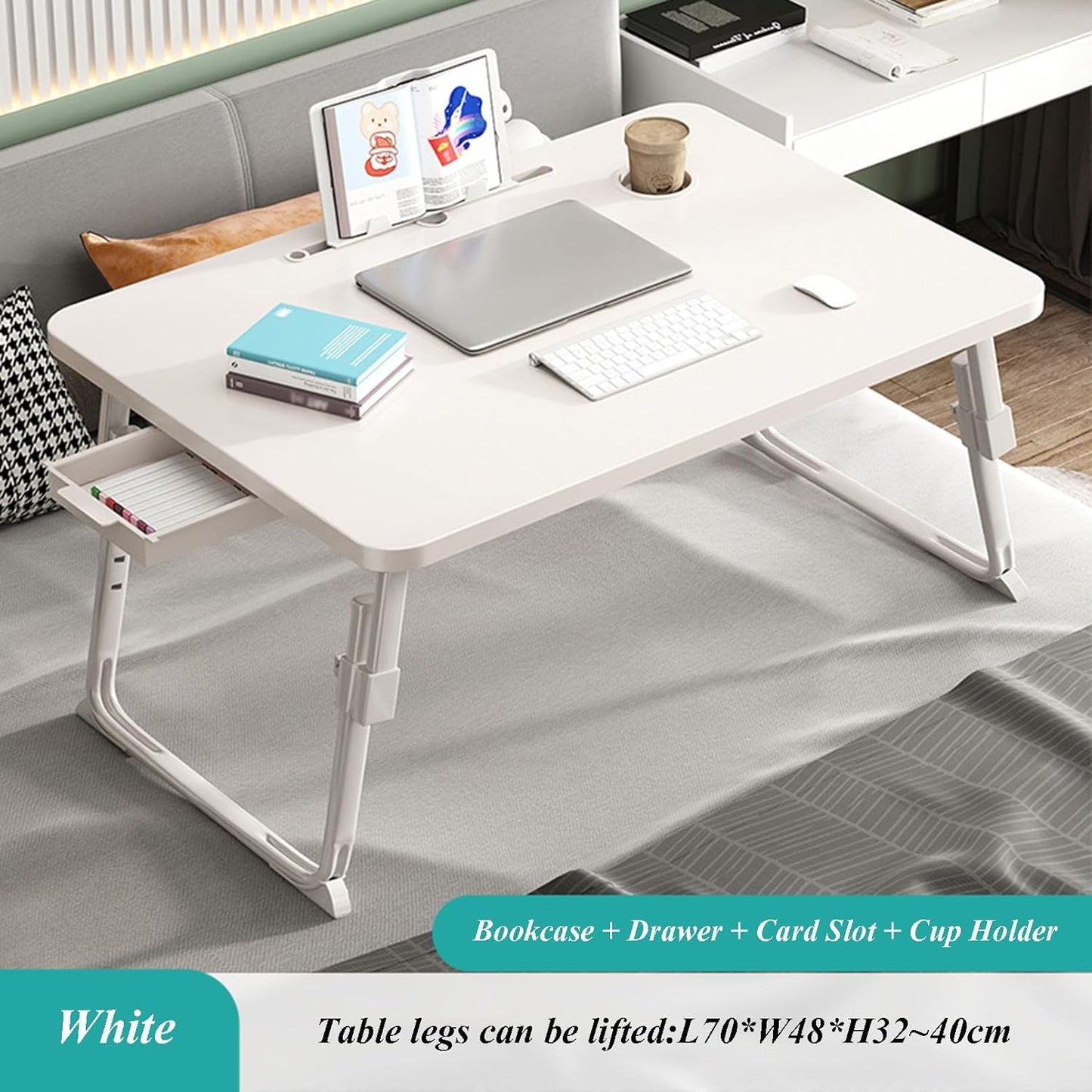 Foldable Movable Overbed Table, Hospital Bed Table with Bookcase, Drawer, Card Slot and Cup Holder, Adjustable Height Over Bed Table for Writing, Eating, Reading and Hobbies