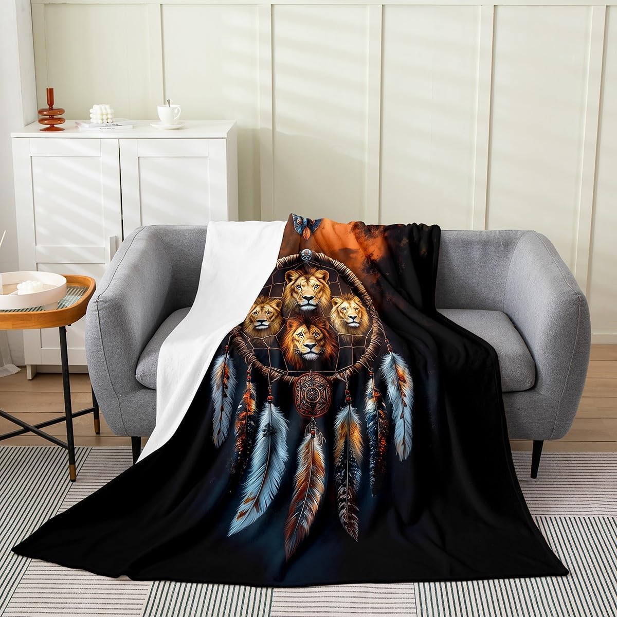 Feelyou Lion Plush Throw Blanket Queen 90"x90" Dreamcatcher Flannel Fleece Blanket Animal All Season Bed Blanket Boho Dream Catcher Decor Blanket Room Decor Indian Hippie Feather Print
