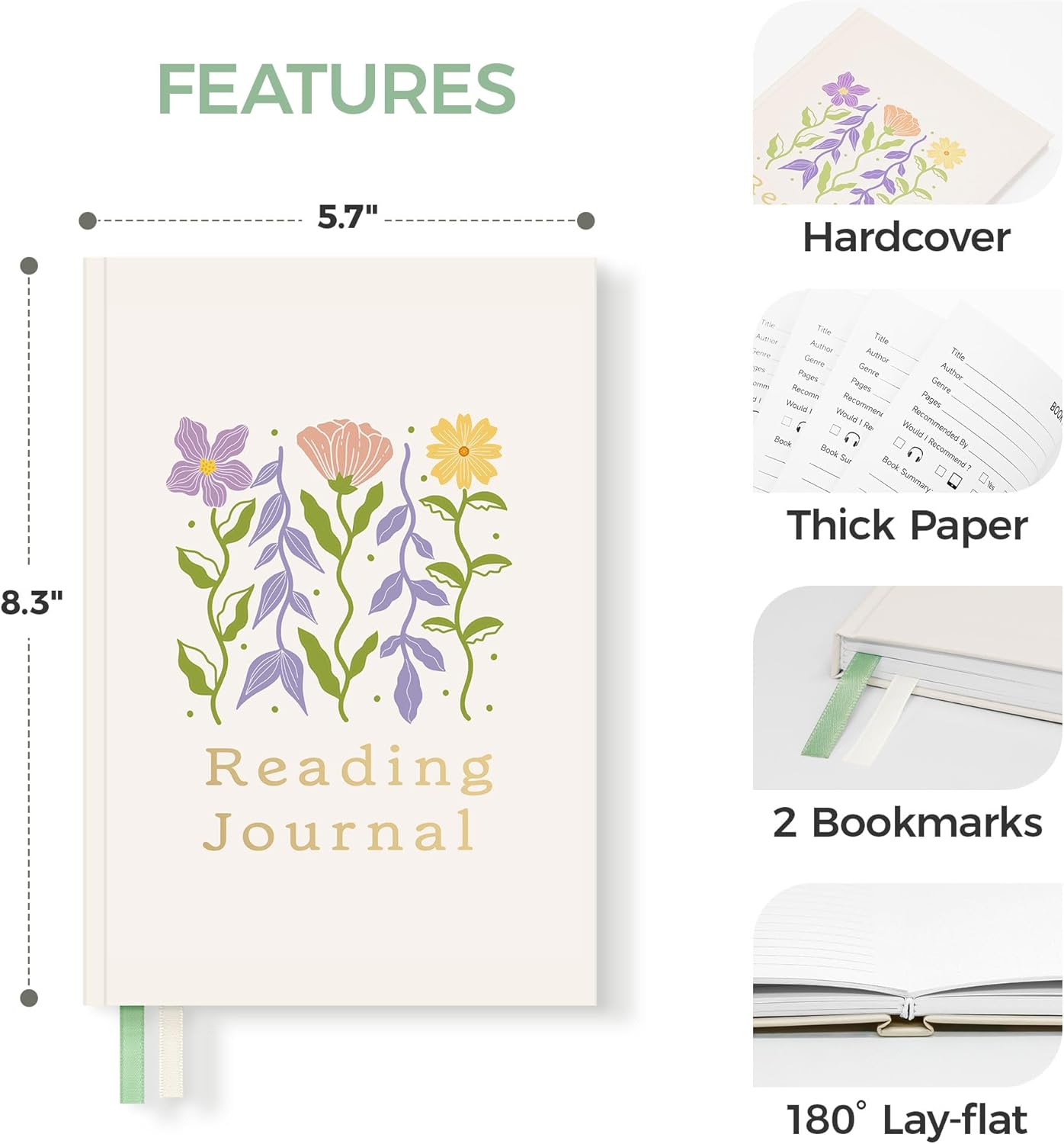 Verveorig Book Reading Journal with 60 Reviews, Reading Accessories & Bookish Gifts for Books Lovers & Readers Women, Hardcover Book Tracker Reading Log Journal, 5.7" x 8.3", Flowers
