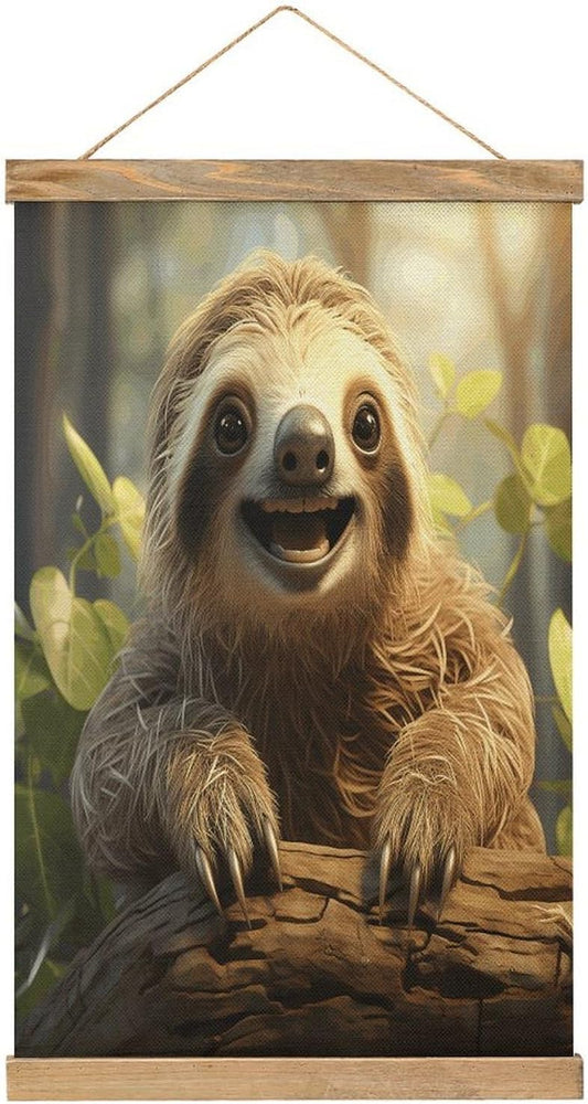 Vintage Cartoon Sloth Poster with Wooden Frame Personalized Linen Hanging Scroll Painting Rustic Wall Hanging Illustrative Modern Artwork Decor for Home Living Room Bedroom Office