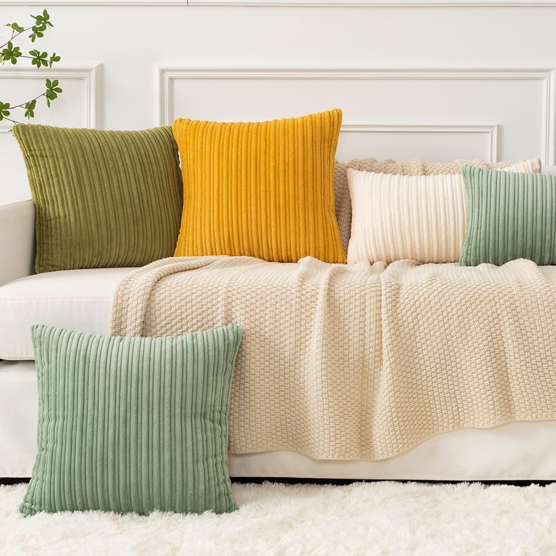 Kevin Textile Set of 2 Oblong Pillow Covers Christmas Plush Striped Corduroy Velvet Rectangular Lumbar Throw Pillow Case 12x20 Cushion Cover for Chair, 30 x 50cm, Creamy White