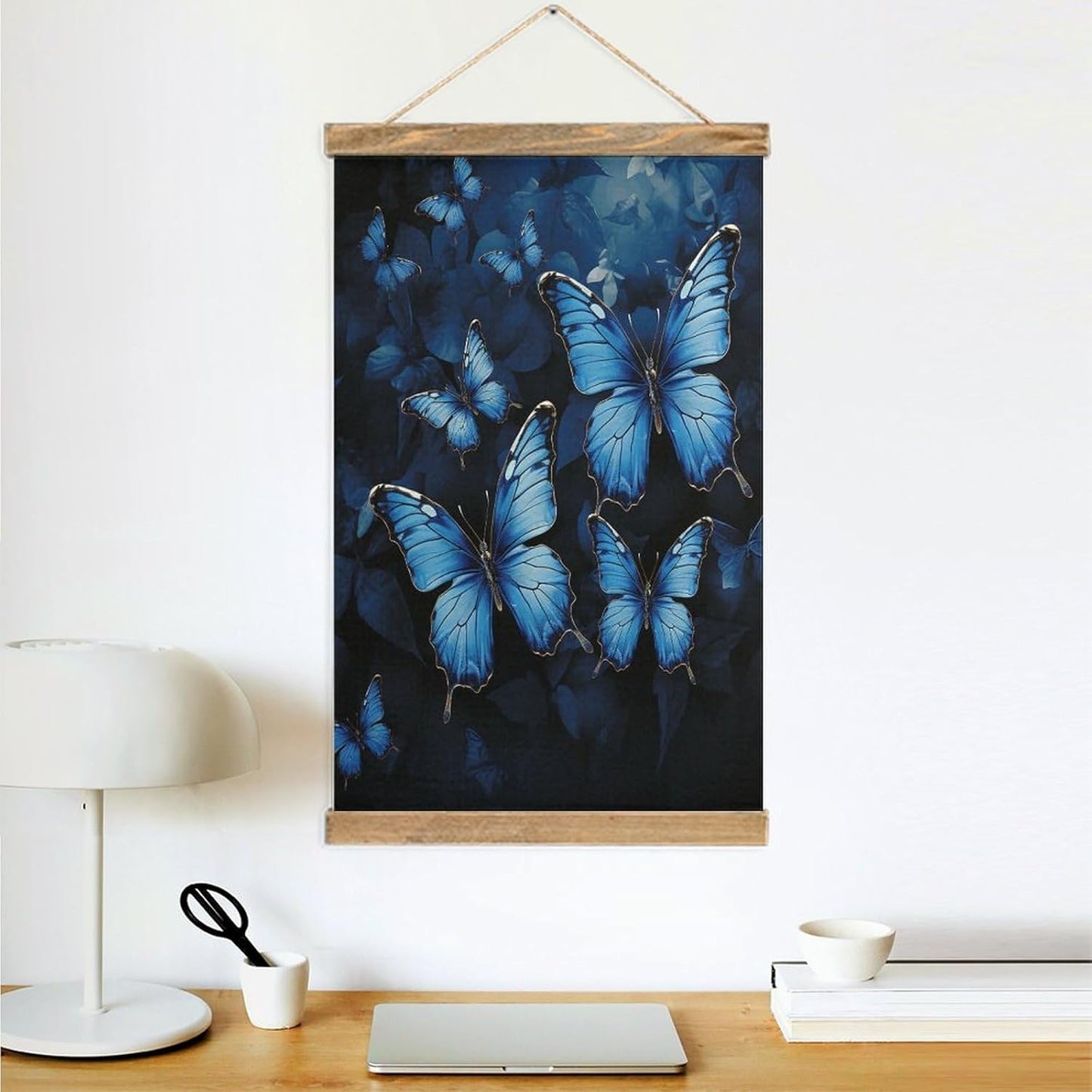 Vintage Dark Blue Butterflies Poster with Wooden Frame Personalized Linen Hanging Scroll Painting Rustic Wall Hanging Illustrative Modern Artwork Decor for Home Living Room Bedroom Office