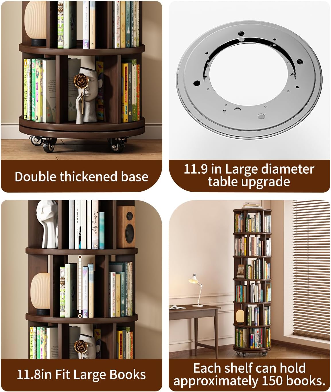Saifu 6 Tier Wood Rotating Bookshelf on Wheels,Round Revolving Bookcase,360° Spinning Book Shelf Tower,Rolling Bookshelves for Small Space, Corner, Bedroom, Kids Room,Office, Walnut