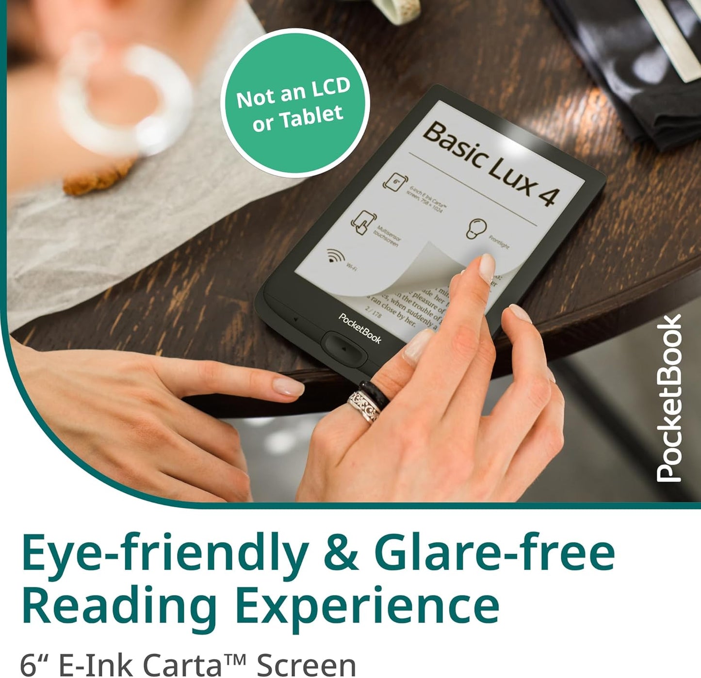 PocketBook Basic Lux 4 E-Book Reader - 6" Glare-Free HD E-Ink Display - Frontlight - Compact & Lightweight Ebooks Reader - Wi-Fi, Ergonomic Buttons - MicroSD Slot - Eye-Friendly Ereader