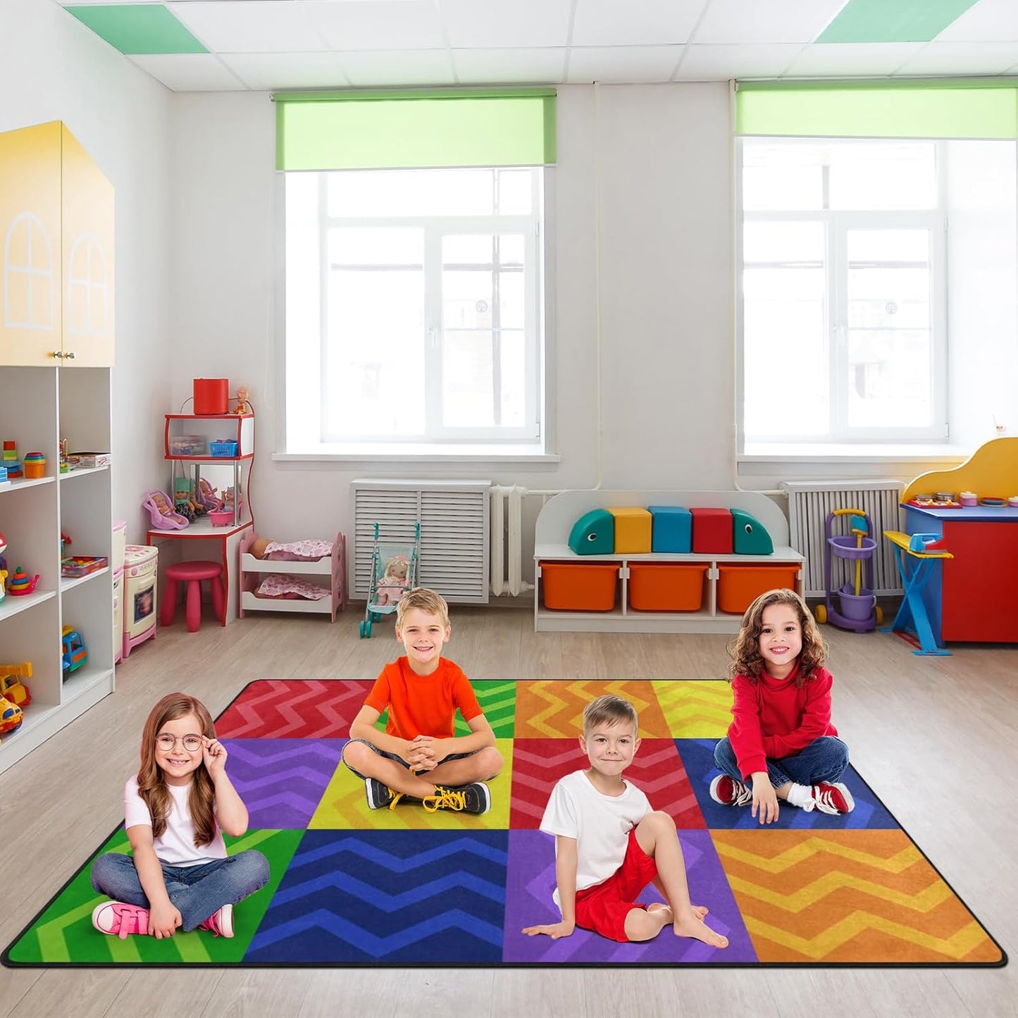 Kids Playmat Rug, Soft Classroom Seating Area Rugs - 5x7 Ft Nursery Carpet with Rubber Backing, Colorful Checkered Rug Suitable for Preschool, Artroom, Library and Reading Area, Multicolor