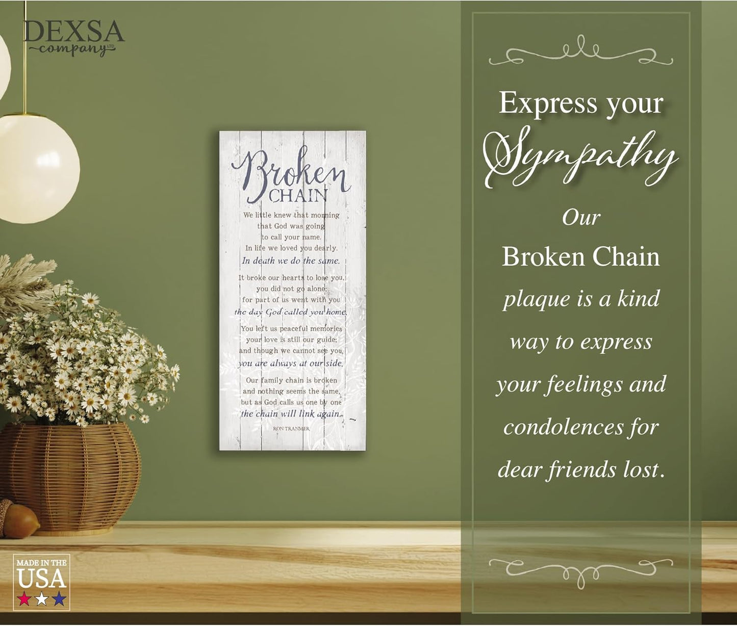 DEXSA Broken Chain Wood Plaque - Made in the USA - 5.5"x12" - Classy Frame Wall Hanging Decoration | We little knew that morning that God was going to call your name | Christian Family Home Decor Saying