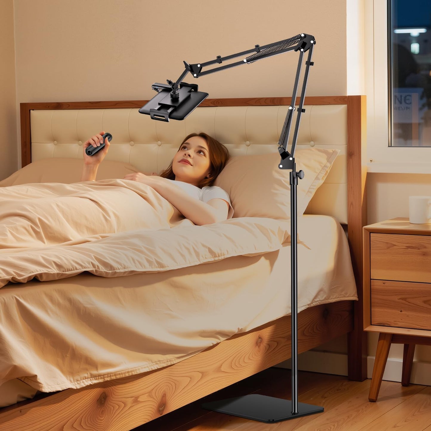 Tryone Tablet Floor Stand for Kindle Holder: E-Book Bed Mount with Page Turner Remote & Flexible Adjustable Arm, 1.85 kg Heavy-Duty Metal Base Compatible with Devices from 4.7-16.1 inches (Black)