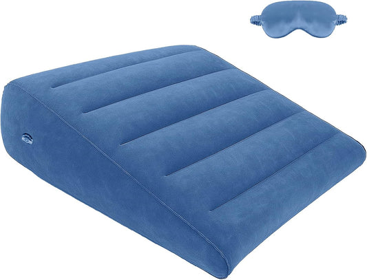 TheClover Inflatable Travel Wedge Pillow Portable -with Sleep Eye Mask for Side Sleeper Comfort,Inflatable Triangle Back Support Pillow for Reading, Relaxing & Sleeping,Blue