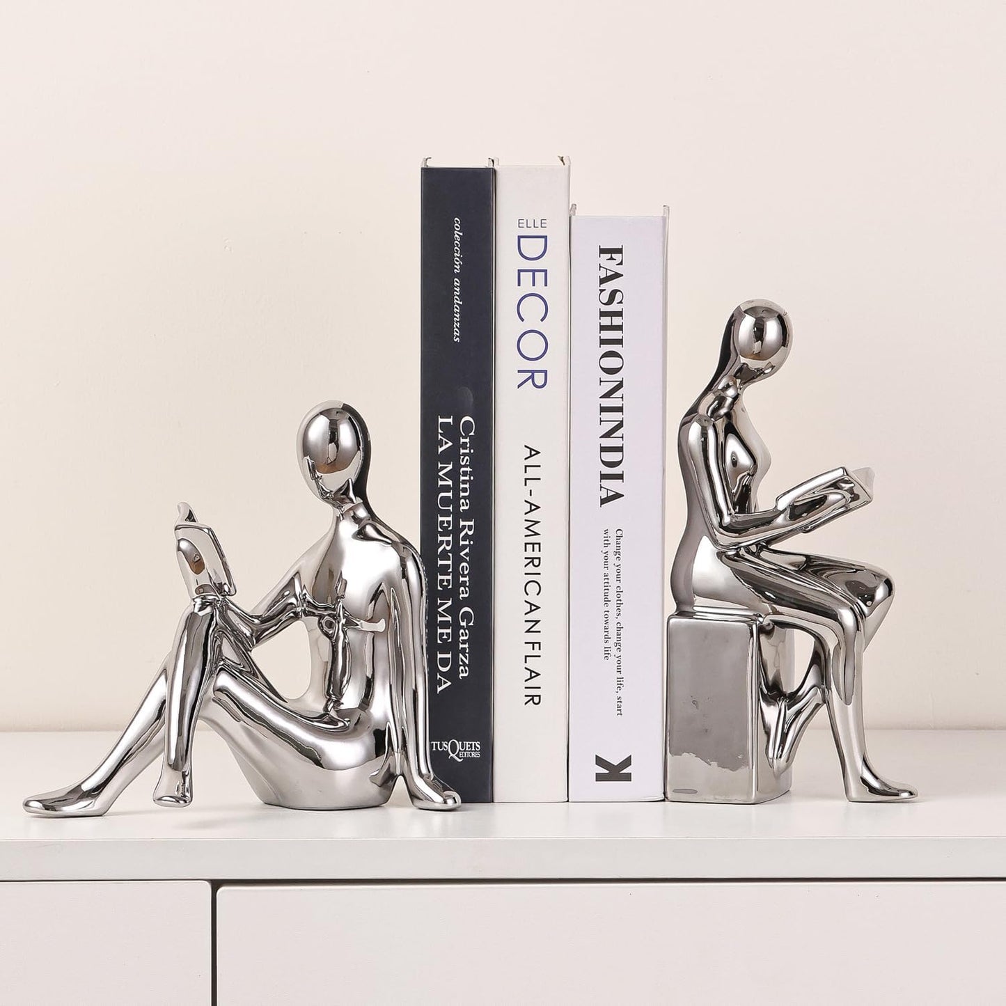 Ceramic Decorative Bookends, Book Ends for Shelves, Home Office Decor Aesthetic Statues Book Holders Stoppers for Bookshelf, Table, Bedroom Living Room Decoration (Silver)
