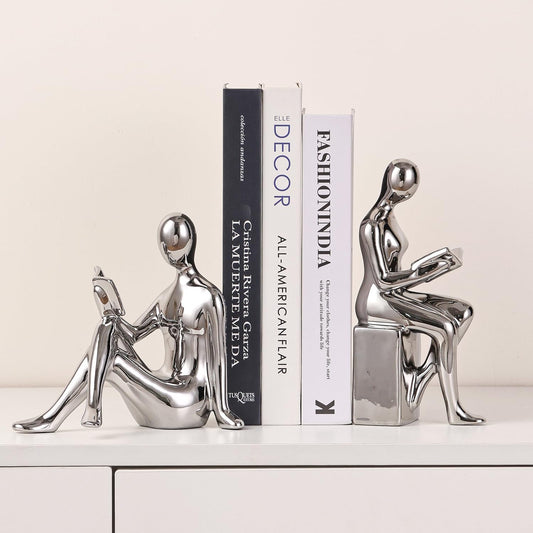 Ceramic Decorative Bookends, Book Ends for Shelves, Home Office Decor Aesthetic Statues Book Holders Stoppers for Bookshelf, Table, Bedroom Living Room Decoration (Silver)