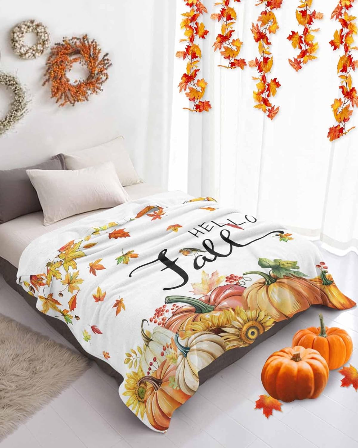 Pumpkin Blanket Thanksgiving Maple Leaf Country Soft Cozy Throw Blanket Flannel Fleece Blankets for Bed Sofa Couch 40" x 50"