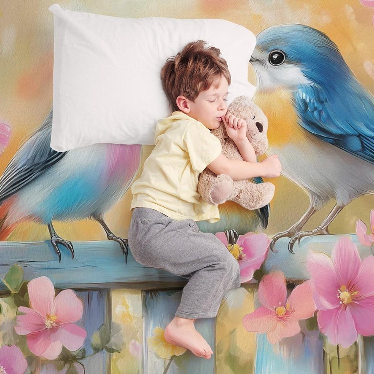 Blue Birds Throw Blanket for Couch Bed Plush Cozy Fuzzy Flannel Blanket for All Season 66"x90"