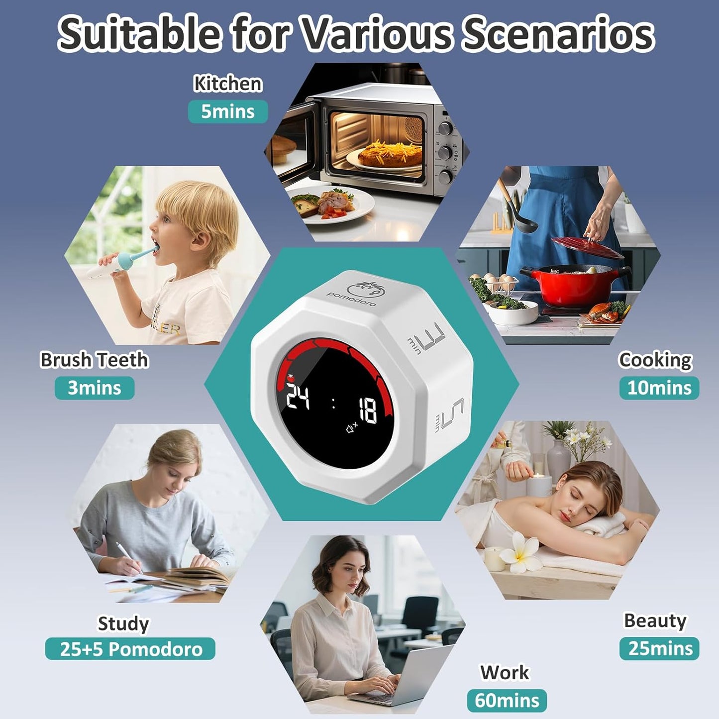 Rechargeable Pomodoro Timer, Magnetic Kitchen Timer for Cooking, 8-Angle Auto-Rotating Screen with Gravity Sensor, 3/5/10/25/30/60min & Custom Countdown for ADHD, Office, Study, Kitchen & Kids