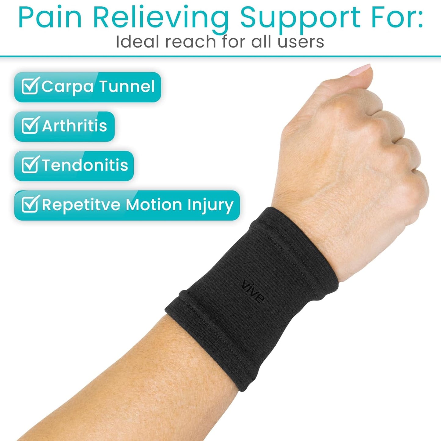 Vive Wrist Compression Sleeves for Women & Men (Pair) - Elastic Support Wristband for Pain Relief & Circulation - Wrist Support for Carpal Tunnel, Arthritis, Tendonitis - Great for Sports Injury