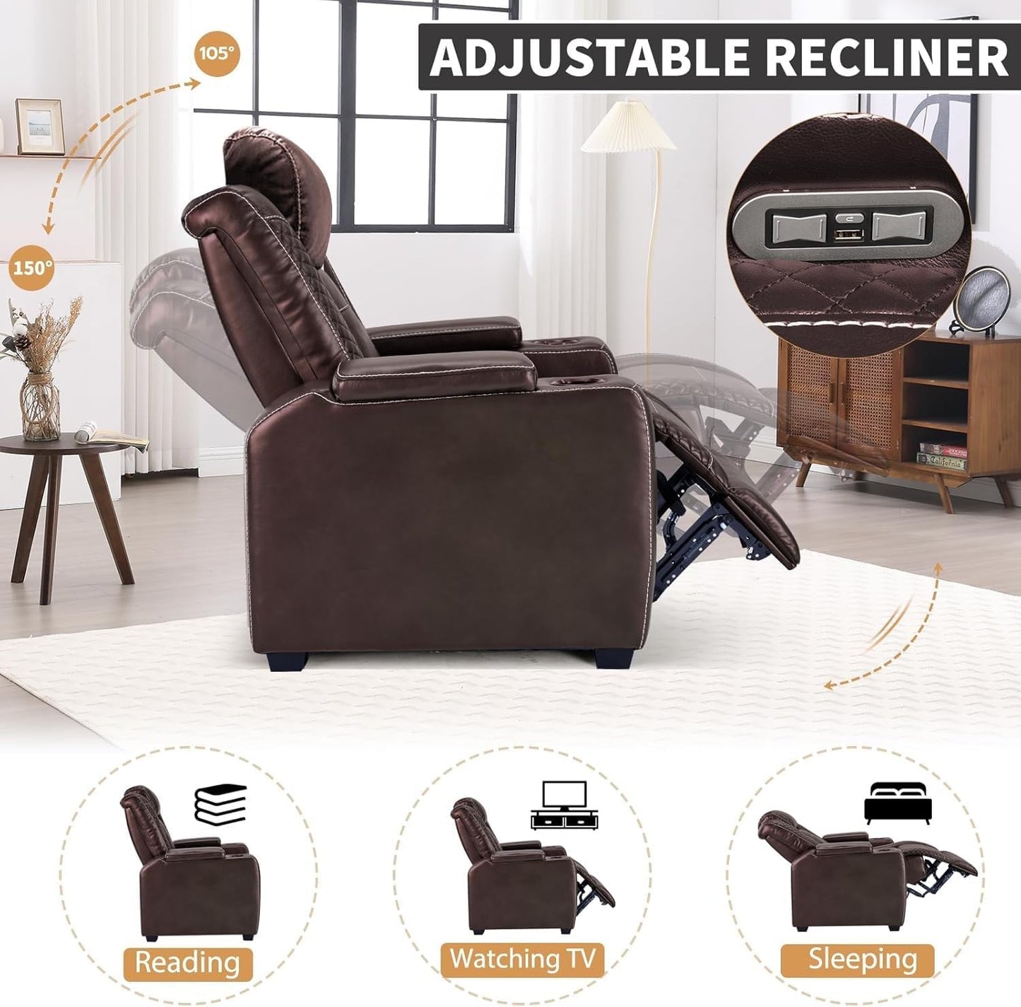 Power Home Theater Seating, PU Leather Electric Recliner Chair with Powered Headrest, Dual Motor Reclining Sofa with LED Lights, USB Port & Arm Storage, Brown