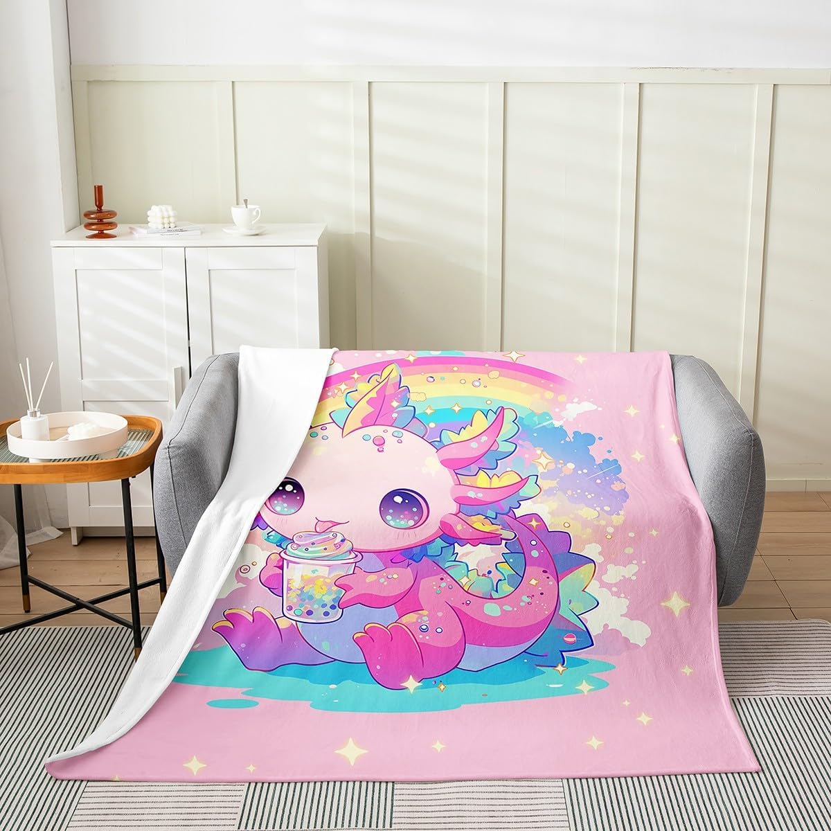Feelyou Cute Axolotl Plush Throw Blanket, 40"x50" Cartoon Salamander Flannel Fleece Blanket for Sofa Couch Kids Teens Adults Rainbow Coludy All Season,Bed Blanket Kawaii Ocean Sealife Room Decor