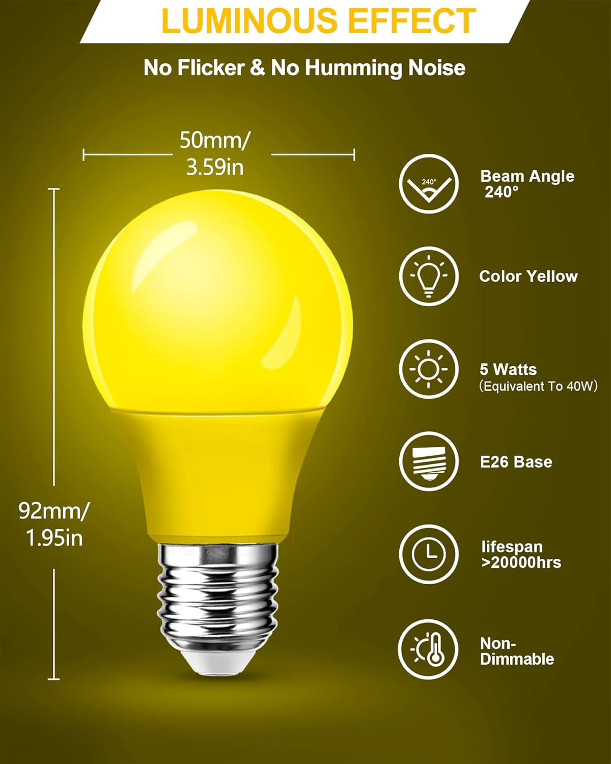 2 Pack A15 LED Yellow Bug Light Bulbs for Outdoor, 40Watt Equivalent E26 Base, 5W Amber Yellow Lighting for Indoor&Outdoor, Party&Holiday Decoration, Christmas, Bedroom, Nightlight, Non-Dimmable